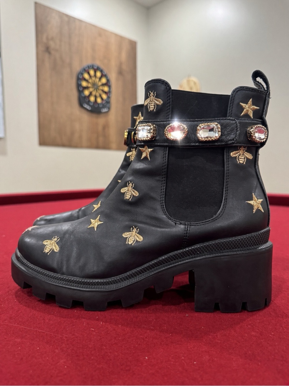GUCCI *Authentic*  Stars and Bee Embroidered Leather Ankle Boots with Belt